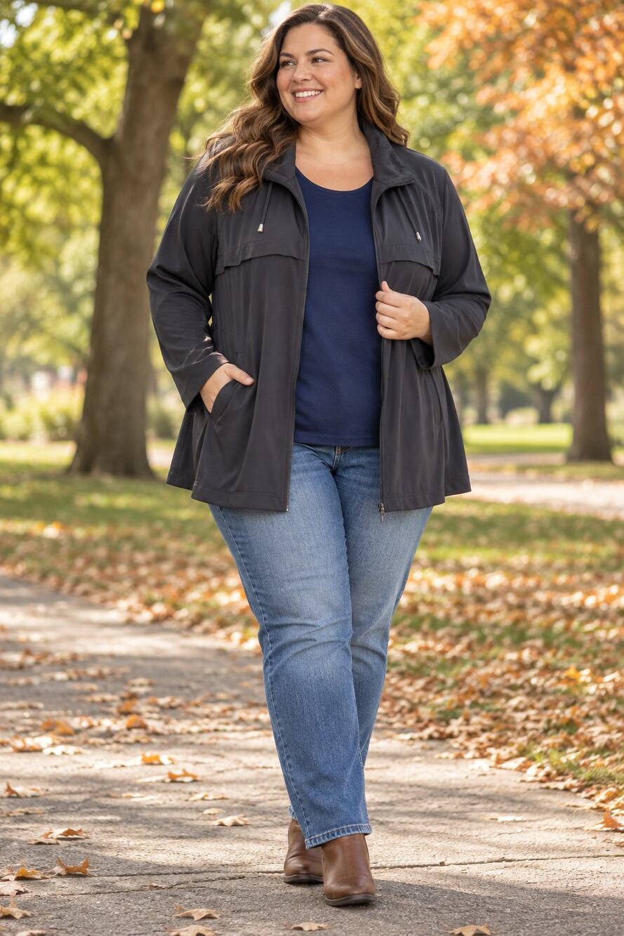 Plus Size 2X Dark Charcoal Stretch Travel Jacket Funnel Neck Athleisure